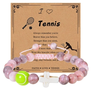 Sports Beaded Bracelet Pink Zebra Stone Ball Beads Cross Charm Adjustable Braided Rope Motivational Gift For Athletes