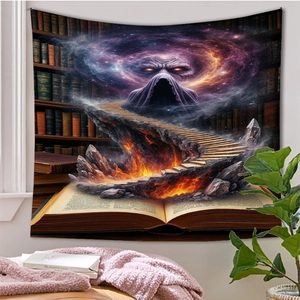 Detail of magic tapestry featuring a hooded wizard and burning stairs hanging on a wall
