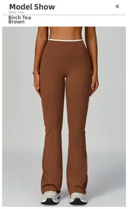 Detail of high-waist flared yoga pants in Birch Tea Brown with quick-dry fabric