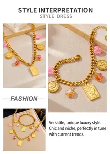 Detail of gold chain necklace with pink beads and embossed portrait pendants