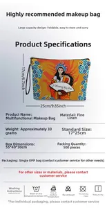 Detailed view of mermaid print linen makeup bag with 17x25cm size and 33g weight info