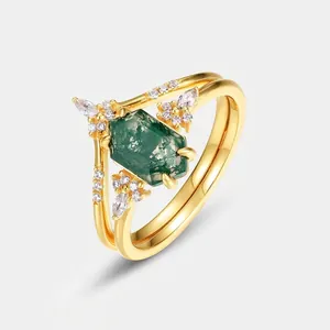 Vintage 925 Sterling Silver Moss Agate Ring Stackable Geometric Green Water Agate Gold Plated Rhinestone Jewelry For Women