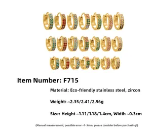 Detail view of U-shaped stainless steel earrings with colorful zircon inlay specifications