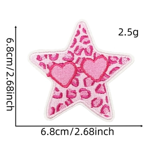 Pink leopard star embroidery patch with heart detail, size 6.8cm, for DIY fashion decor