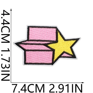 Detailed embroidery patch with pink block and yellow star showing precise 7.4x4.4cm size