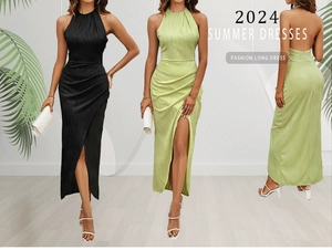 Detailed views of halter neck summer maxi dress with high slit and pleated fabric texture