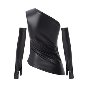 Close-up of black PU leather one-shoulder top with matching long fingerless sleeves