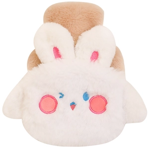 Cute white plush rabbit hot water bottle with soft long fur and cartoon embroidery