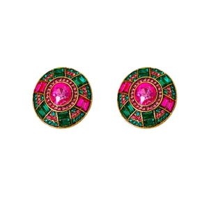 Orecchini vintage rotondi con cristalli colorati rosa verdi e rossi su base dorata