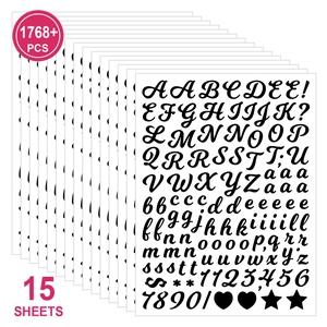 Detail showing 15 sheets of black alphabet and number stickers with 1768 cursive elements