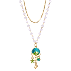 Collana a doppio strato in oro con perle e ciondoli a forma di stella marina e conchiglia