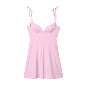 Pink mini dress with V-neckline and adjustable tie straps in a structured A-line fit