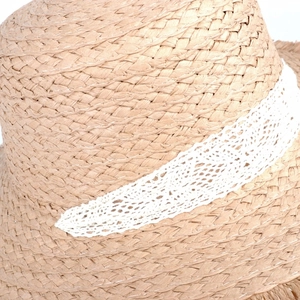 Close-up of natural woven straw texture and delicate white lace detailing on summer sun hat