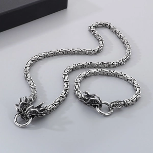 6mm silver stainless steel dragon head necklace and bracelet set for men