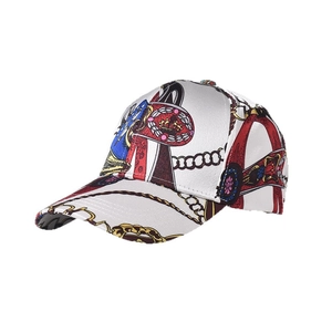 Baroque style baseball cap with colorful crown and shield patterns on white fabric