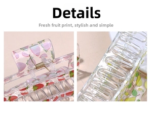 Détails de pinces à cheveux transparentes avec des motifs colorés de fraise et de poire