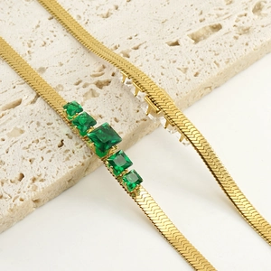 18k gold plated stainless steel snake chain necklace with five green zircon stones