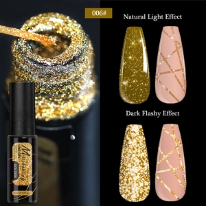 Detail of reflective gold nail line gel in #900 showing natural light and flashy flash effects