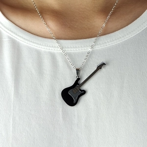 Hip hop style guitar pendant necklace in silver stainless steel on model view