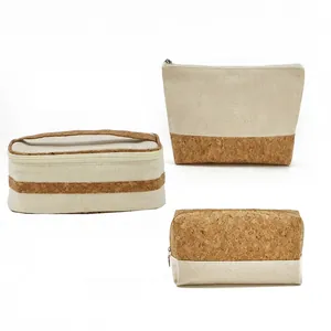 Three-piece eco-friendly cotton canvas and cork toiletry bag set with metal zippers