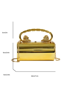 Golden cylindrical evening bag with lion relief, chain strap and detailed dimensions