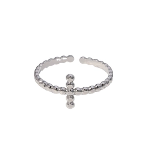 Minimalist silver stainless steel open ring featuring a stylish cross and bead design