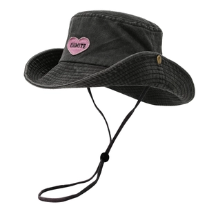 Dark grey outdoor bucket hat with pink heart embroidery and adjustable chin strap