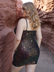 Detail of plus size sequin bodycon dress showing shimmering colorful texture on black fabric