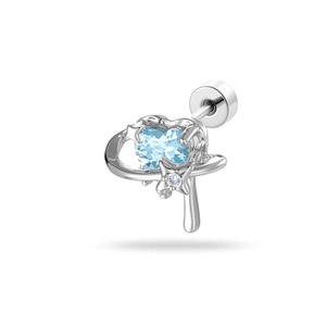 Star-shaped silver piercing earring with light blue heart zircon and clear crystals