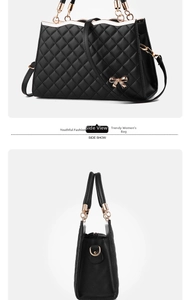 Détails d'un sac à main matelassé noir avec nœud doré et bandoulière amovible