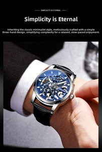 Macro view of blue skeleton mechanical watch dial with silver steel case and leather strap
