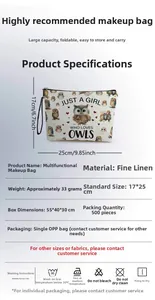 Detailed size specifications for the owl print linen pouch showing dimensions and features
