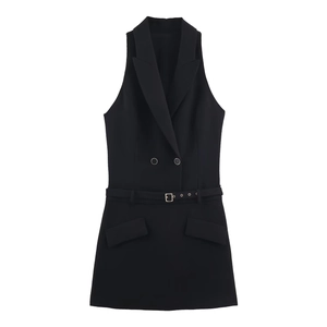 Robe Blazer Sans Manches Femme Double Boutonnage Noir Mini Robe Avec Ceinture Élégant Bureau Polyester