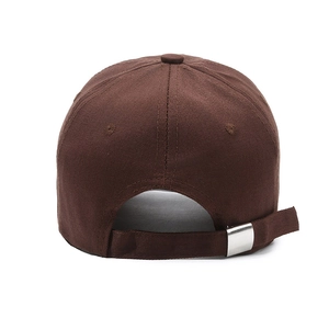 Back view of dark brown cotton baseball cap with adjustable silver metal buckle strap
