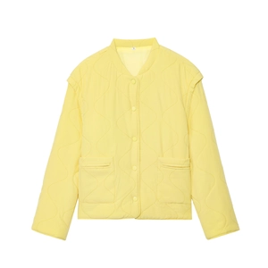 Women's yellow lightweight quilted jacket in casual loose fit style on white background