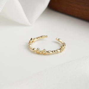 Adjustable S925 sterling silver butterfly ring in gold finish with delicate bead accents