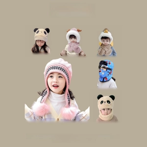 Detail of warm winter baby hats featuring animal designs and windproof earflaps