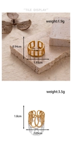 Detailed view of two gold geometric hollow rings with specific weight and size specs