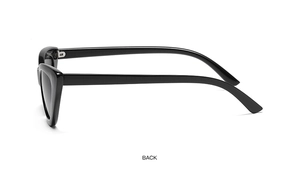 Side view of black cat eye sunglasses showing temple curves and hinge details