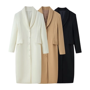 Women's long woolen coat with classic lapel in white, khaki and black colors