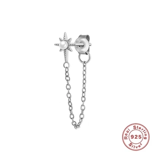 Detail view of S925 sterling silver star earring with pearl and chain tassel design
