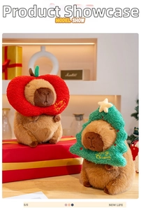Detailed view of capybara plush wearing festive Christmas hat and scarf accessories