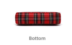 Detail view of the rectangular bottom base on this red tartan plaid baguette bag