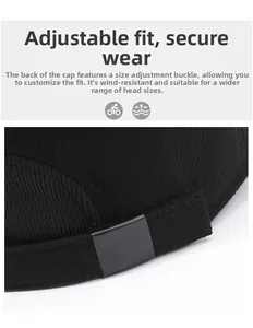 Detail of adjustable metal buckle on black baseball cap for a secure and customized fit