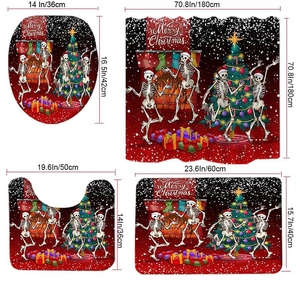 Christmas shower curtain set with dancing skeletons and festive retro holiday patterns