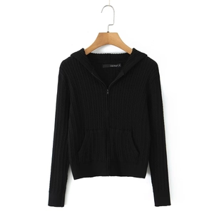 Women's casual black zip-up hooded knit cardigan with textured ribbing and front pockets