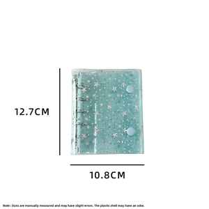 Detailed view of M5 glitter star binder with 12.7cm height and 10.8cm width measurements