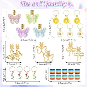 Size guide for colorful butterfly and daisy dreadlock charms with precise dimensions