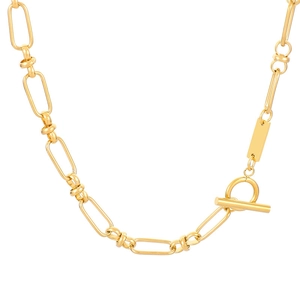 Modern gold titanium steel chain necklace with toggle clasp on a white background