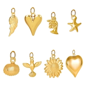 Polished 18k gold plated stainless steel leaf and heart DIY charms set for jewelry